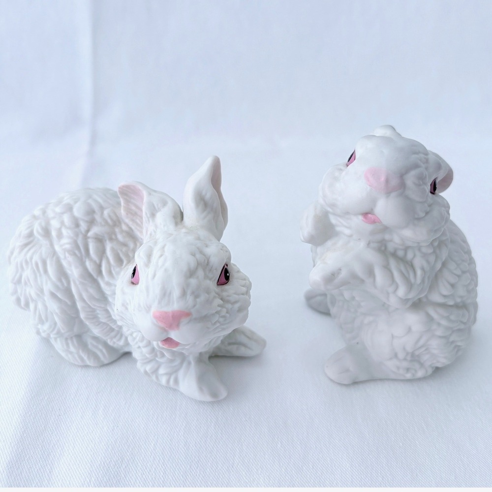 Vintage White Textured Ceramic Rabbit Figurine Set 4.5" Bunny Pair Pink Eyes